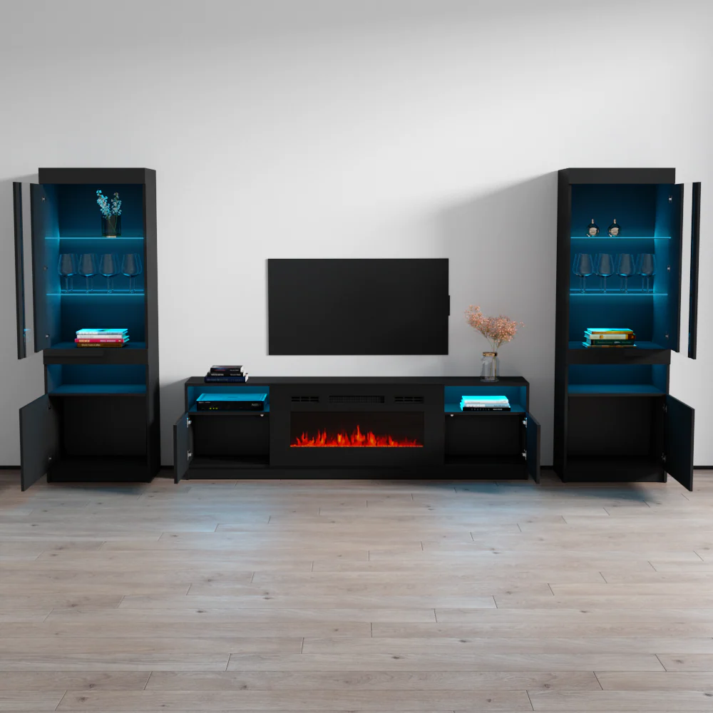 York 02 Electric Fireplace TV Stand, Modern Floating Media Console, Wall Mounted Entertainment Center