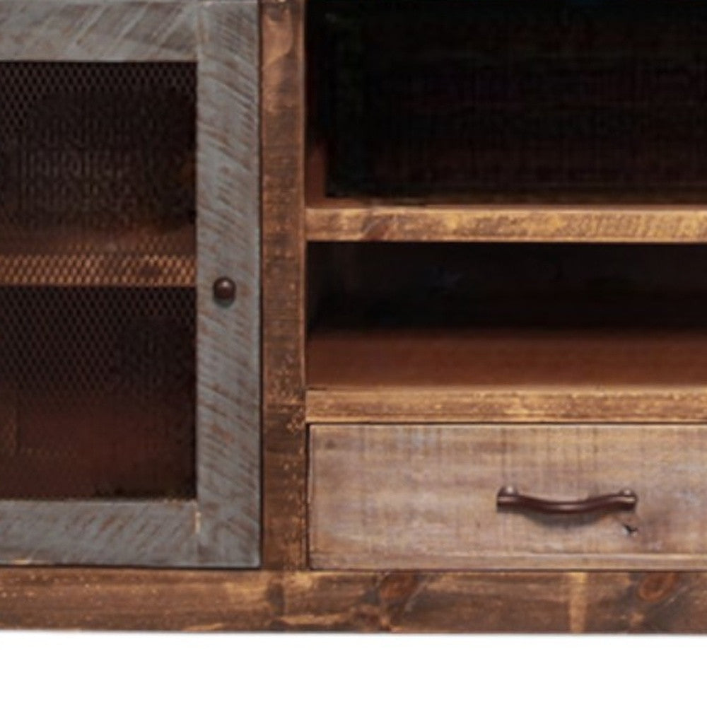 76” Brown Solid Pine Wood TV Stand Cabinet with Enclosed Storage, Distressed Finish