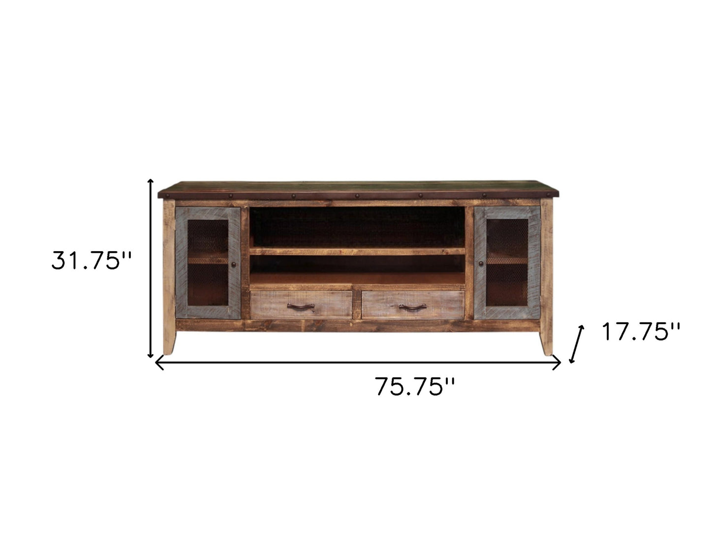 76” Brown Solid Pine Wood TV Stand Cabinet with Enclosed Storage, Distressed Finish