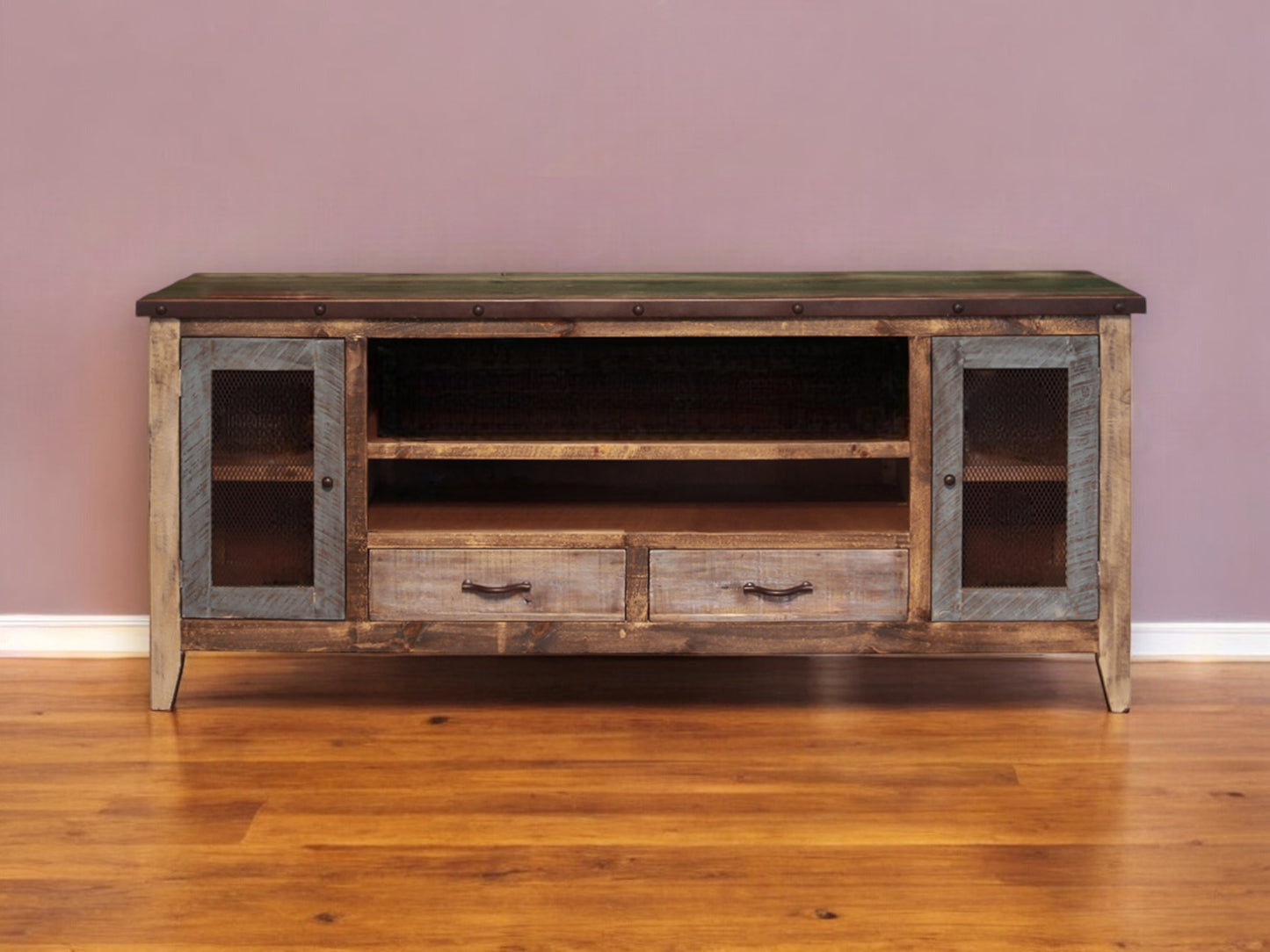 76” Brown Solid Pine Wood TV Stand Cabinet with Enclosed Storage, Distressed Finish