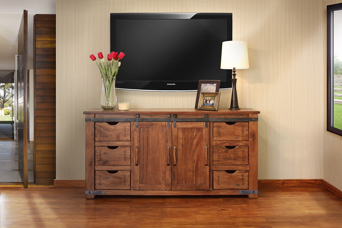 60" Brown Distressed Solid Wood TV Stand with Enclosed Storage Cabinets