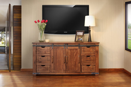 60" Brown Distressed Solid Wood TV Stand with Enclosed Storage Cabinets