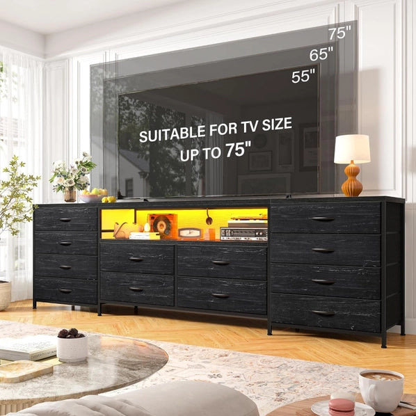 Black 12-Drawer TV Stand Dresser with LED Lights for TVs up to 75 Inches