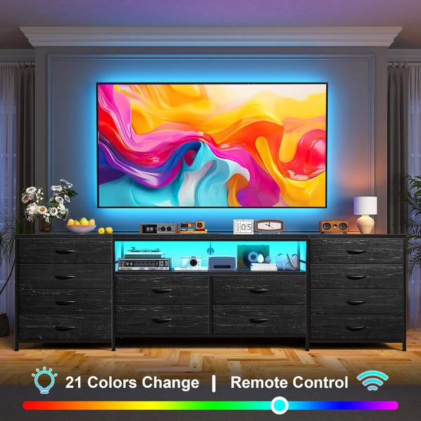 Black 12-Drawer TV Stand Dresser with LED Lights for TVs up to 75 Inches