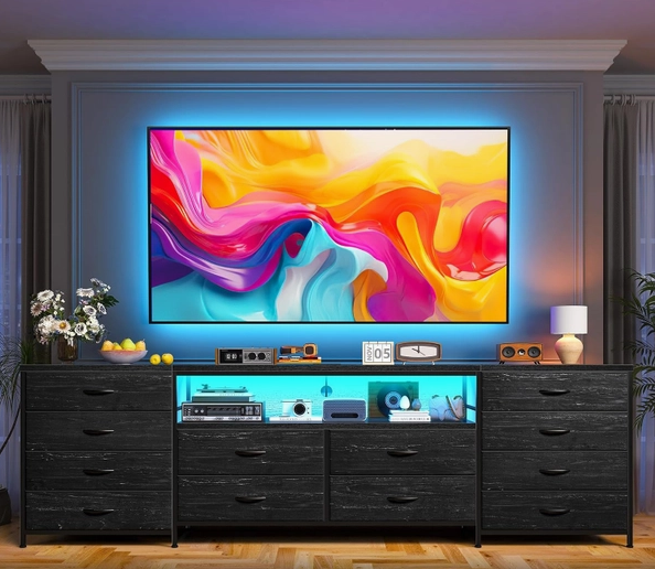 Black 12-Drawer TV Stand Dresser with LED Lights for TVs up to 75 Inches