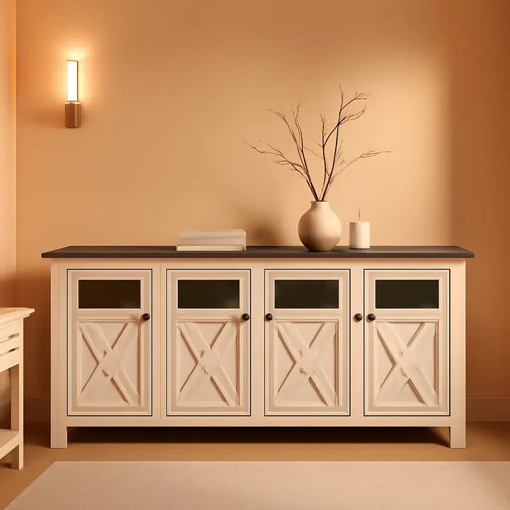 74" Two-Tone TV Stand – Weathered Oak & Antique White Entertainment Center with Storage Cabinets