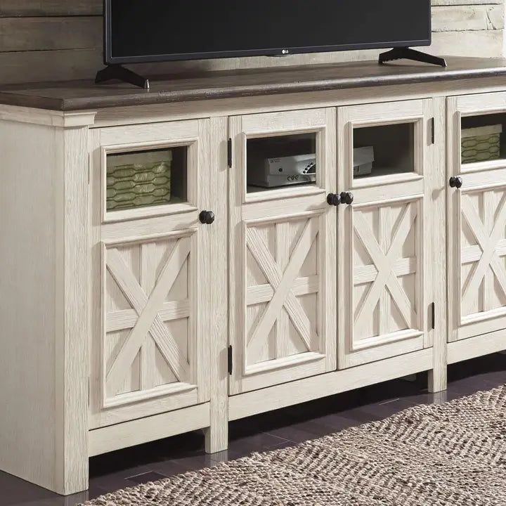 74" Two-Tone TV Stand – Weathered Oak & Antique White Entertainment Center with Storage Cabinets
