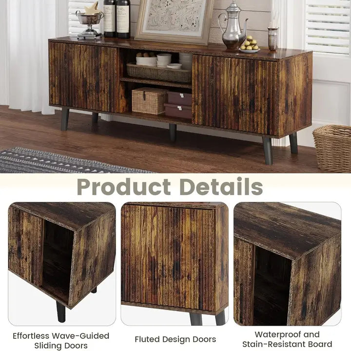 63" Brown Fluted TV Stand w/ Hidden Storage for Up to 70" TV
