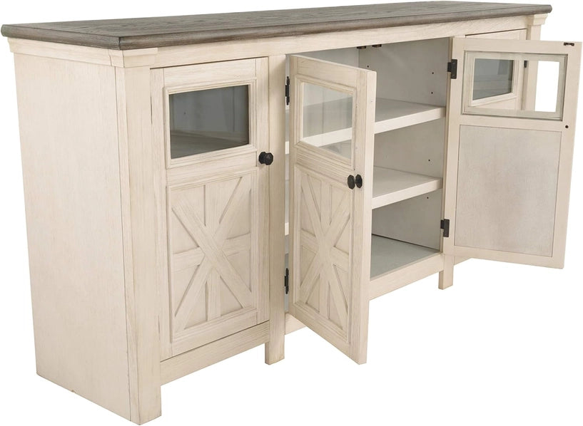 74" Two-Tone TV Stand – Weathered Oak & Antique White Entertainment Center with Storage Cabinets