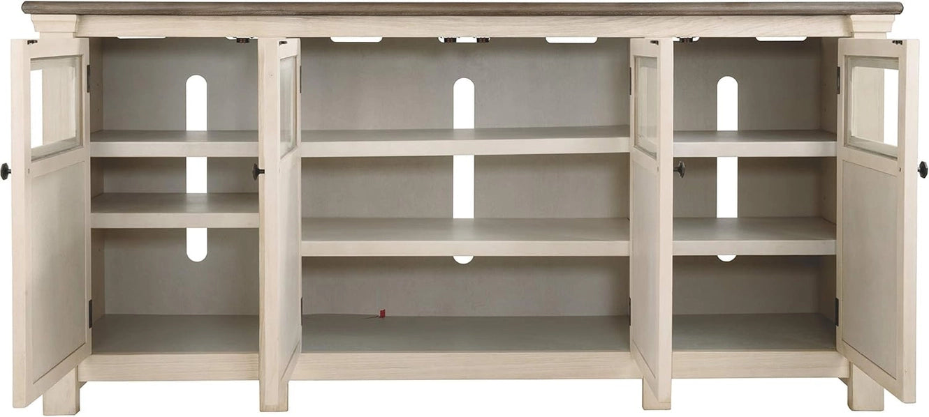 74" Two-Tone TV Stand – Weathered Oak & Antique White Entertainment Center with Storage Cabinets