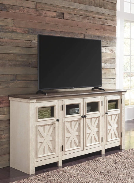 74" Two-Tone TV Stand – Weathered Oak & Antique White Entertainment Center with Storage Cabinets