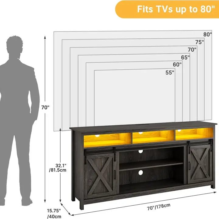 70" Farmhouse TV Stand with Barn Doors & LED Lights – Entertainment Center for 80" TVs, Vintage Brown