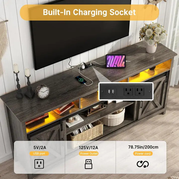 70" Farmhouse TV Stand with Barn Doors & LED Lights – Entertainment Center for 80" TVs, Vintage Brown