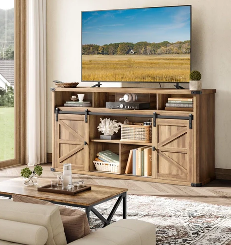 High TV Stand for TVs Up to 75” – Brown Wood Entertainment Center