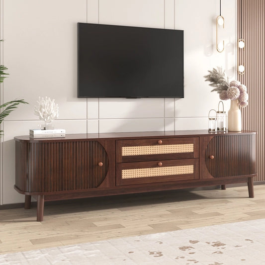 Rattan Farmhouse TV Stand for 75” TVs – Natural Wood Media Console with Storage