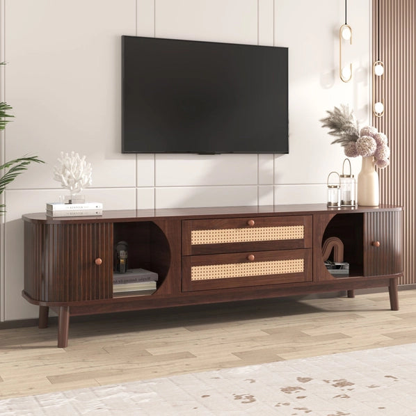 Rattan Farmhouse TV Stand for 75” TVs – Natural Wood Media Console with Storage