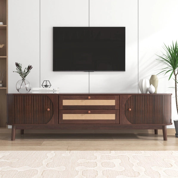 Rattan Farmhouse TV Stand for 75” TVs – Natural Wood Media Console with Storage