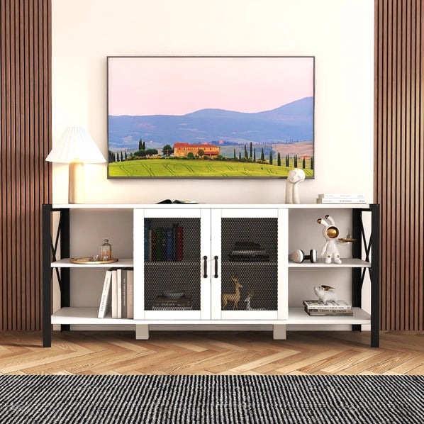 80” Industrial Farmhouse TV Stand with Wood & Metal Frame – Modern Open Shelf Entertainment Center for Living Room or Bedroom