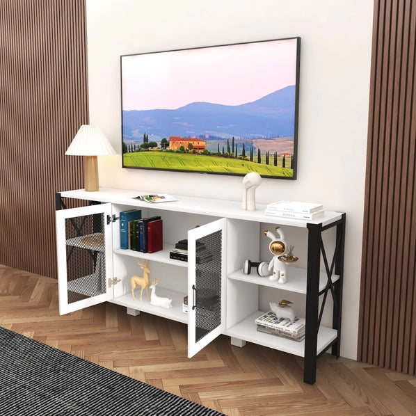 80” Industrial Farmhouse TV Stand with Wood & Metal Frame – Modern Open Shelf Entertainment Center for Living Room or Bedroom