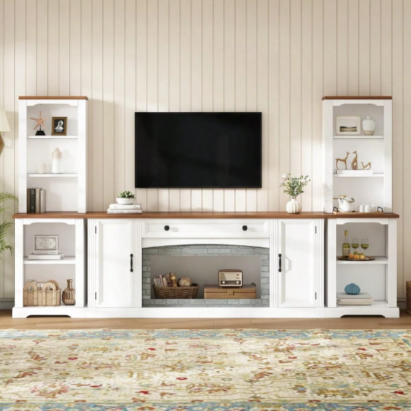 70 Inch TV Console Set with Curved Cabinets, White Media Storage Center with Adjustable Shelves