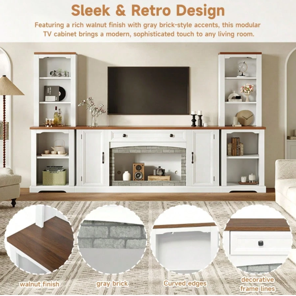 70 Inch TV Console Set with Curved Cabinets, White Media Storage Center with Adjustable Shelves