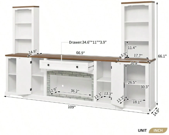 70 Inch TV Console Set with Curved Cabinets, White Media Storage Center with Adjustable Shelves