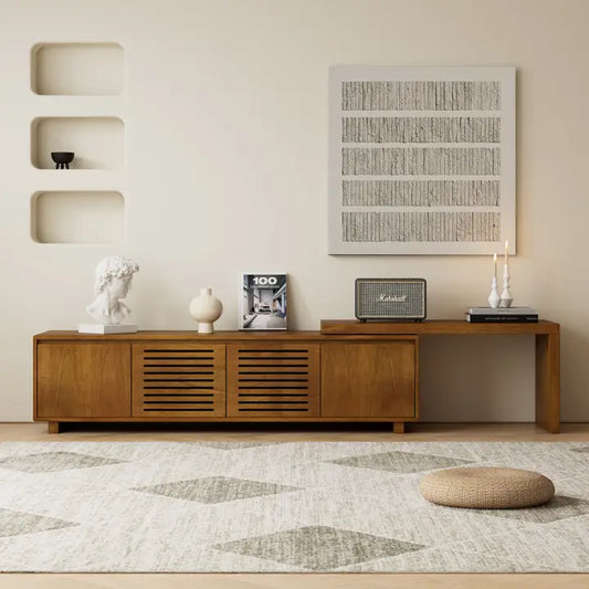 63" Mid Century Modern Extendable TV Stand for TVs Up to 75 Inch, Brown Ebony Wood Media Console with Storage, Farmhouse Entertainment Center